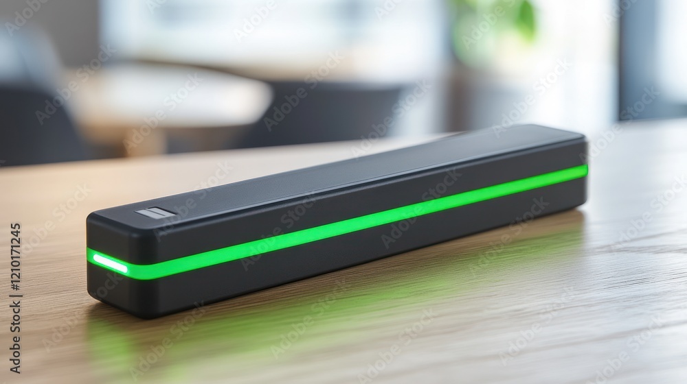 Sleek black device glows green on wood table, modern cafe background Sleek black device glows green on wood table, modern cafe background