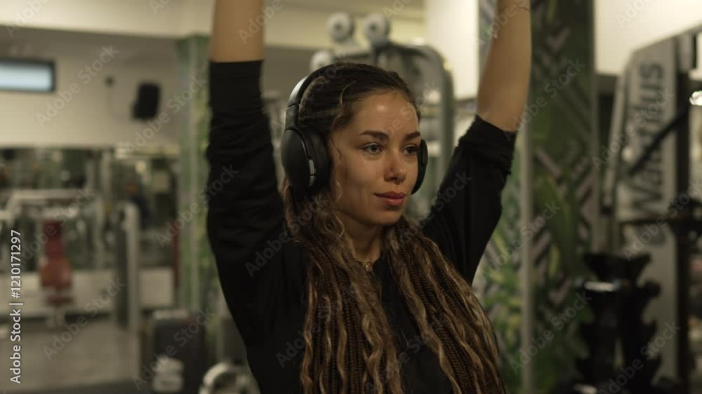 young woman with dumbbells flexing muscles in gym young woman with dumbbells flexing muscles in gym