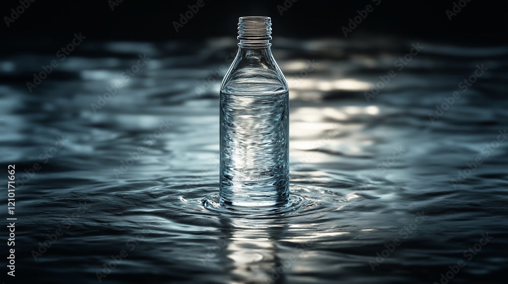 Reflection of a water bottle amidst rippling waves in a dark setting