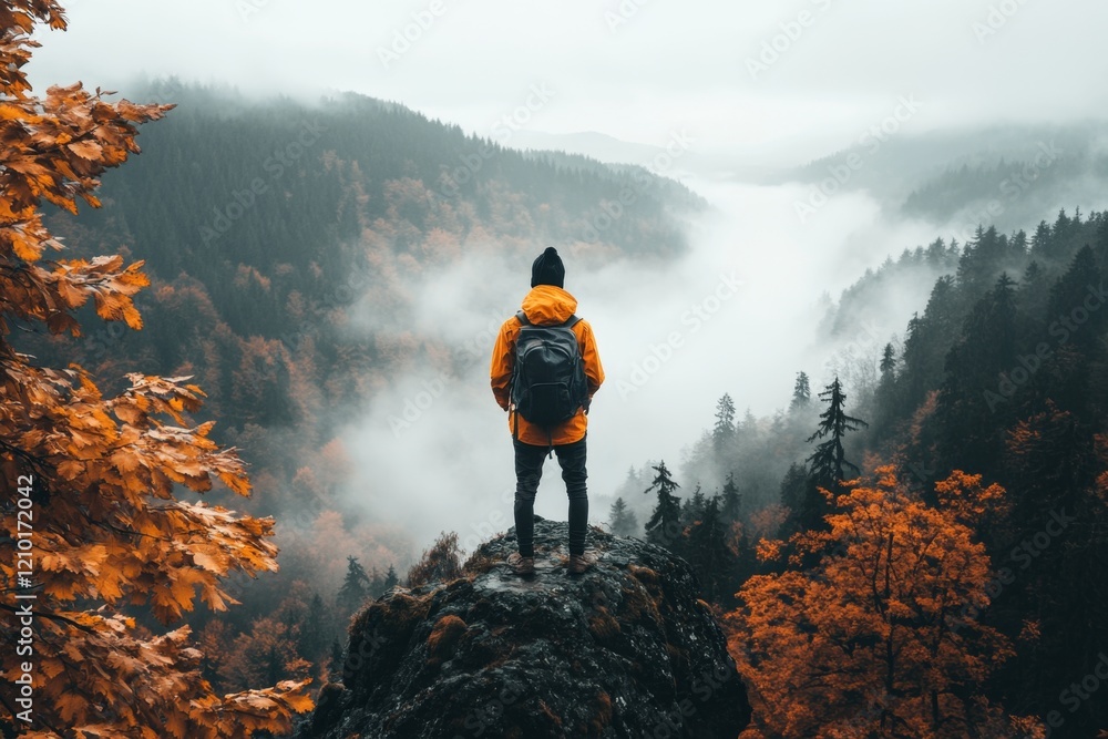 Obraz premium A lone traveler standing on a cliff overlooking a vast, fog-covered valley, with a small backpack and a distant gaze