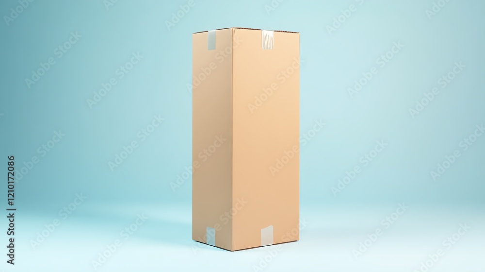 A plain cardboard box stands upright against a light blue background, emphasizing simplicity and versatility.