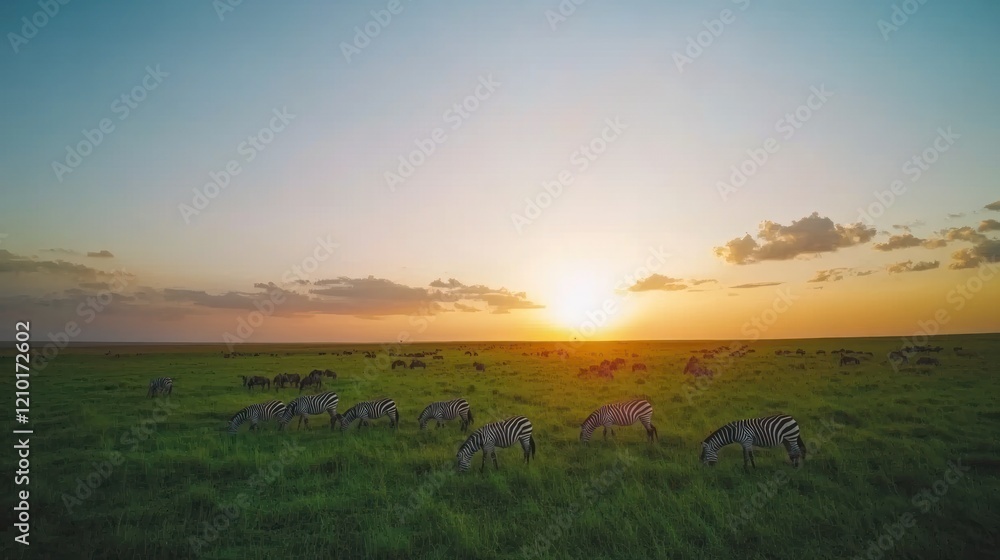 Sunset Zebras Grazing African Savanna Wildlife Sunset Zebras Grazing African Savanna Wildlife