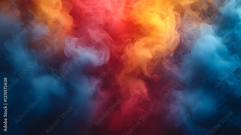 Fototapeta premium Mesmerizing Swirling Smoke and Fog in Bold Red Orange Yellow and Blue Hues Atmospheric Abstract Background with Dramatic Surreal and Ethereal Vibes