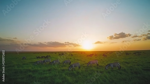 Sunset Zebras Grazing African Savanna Wildlife