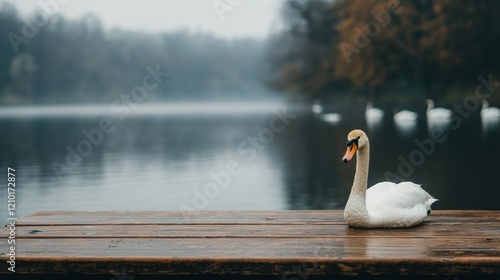 Fototapeta Naklejka Na Ścianę i Meble -  White swan resting on wooden pier, misty lake and autumn trees in background