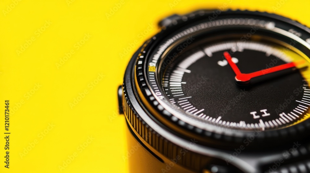 Close-up watch face, red second hand, yellow background, time management concept Close-up watch face, red second hand, yellow background, time management concept