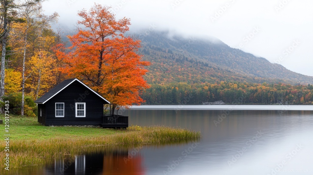 Autumn lake house, mountain backdrop, tranquil scene; peaceful getaway Autumn lake house, mountain backdrop, tranquil scene; peaceful getaway