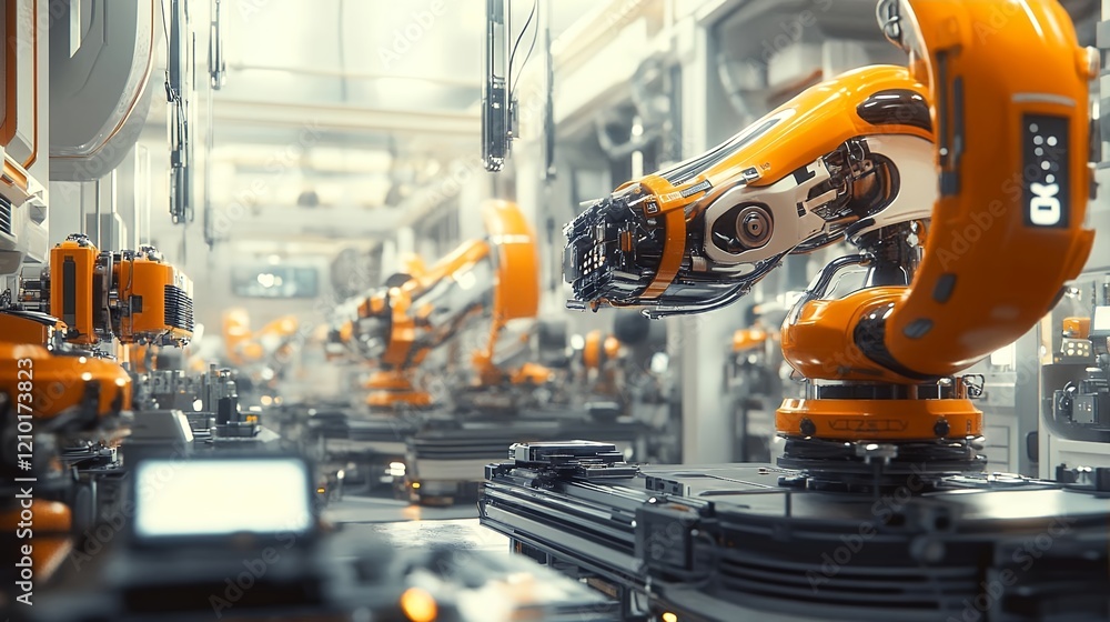 Automated Robotic Assembly Line in Modern Factory Automated Robotic Assembly Line in Modern Factory