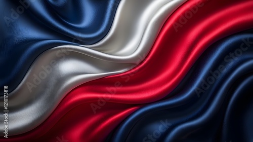 Flowing silk like texture in a dynamic and elegant design featuring abstract red white and blue colors reminiscent of a patriotic flag  The smooth shiny and fluid pattern creates a modern