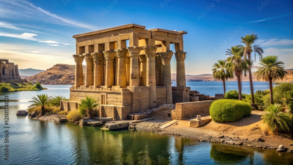 Ancient Egyptian Temple ruin with Nile River in background, ancient egypt, nile Ancient Egyptian Temple ruin with Nile River in background, ancient egypt, nile