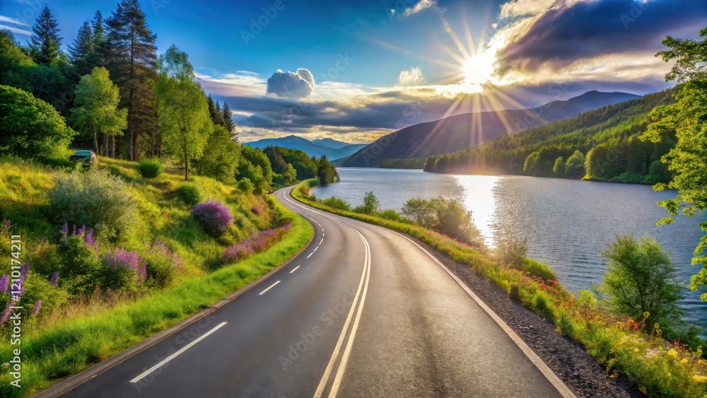 Obraz premium Scenic winding road alongside a tranquil lake at sunset, surrounded by lush greenery and vibrant wildflowers