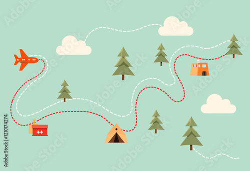 Pastel Dashed Path Pattern: Simple Vector Routes. Individual dashed line routes with a minimalist style, no gradients or shadows, for maps, apps, and navigational designs.

