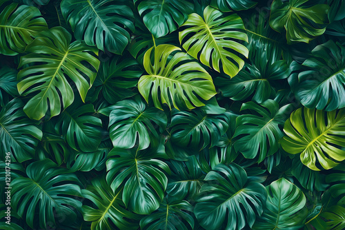 Lush green monstera leaves in a tropical background
