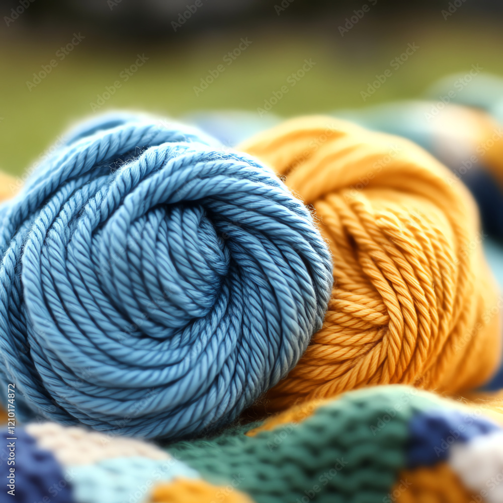 Close-up of beautifully twisted yarn in blue and yellow hues, perfect for knitting and creative fabric arts enthusiasts. Close-up of beautifully twisted yarn in blue and yellow hues, perfect for knitting and creative fabric arts enthusiasts.