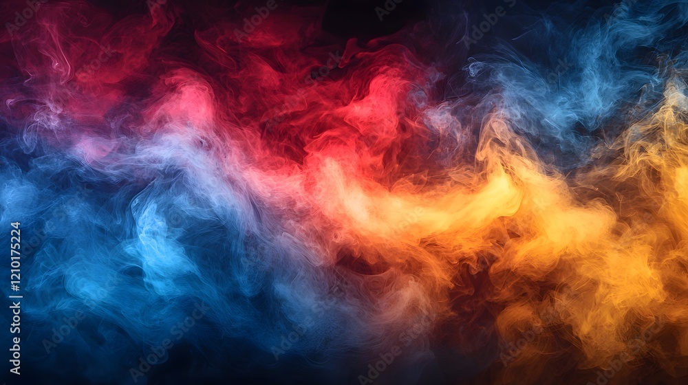 Fototapeta premium Cinematic swirling background with vibrant abstract smoky fog in warm and cool tones of red orange yellow and blue creating a dramatic and mystical atmosphere
