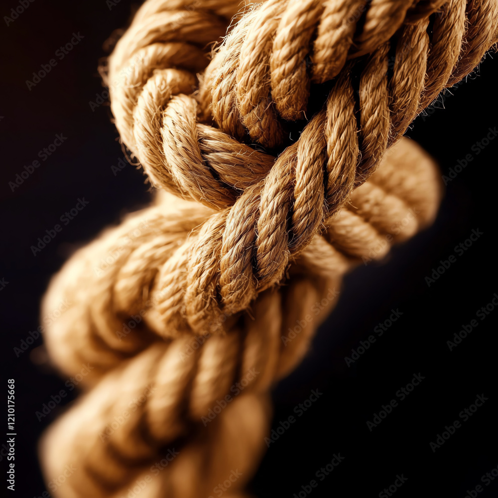 Close-up of intertwined natural rope showcasing its texture, strength, and craftsmanship against a dark background. Close-up of intertwined natural rope showcasing its texture, strength, and craftsmanship against a dark background.