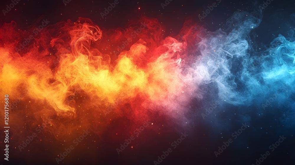 Fototapeta premium Vivid cinematic background featuring dynamic swirls of fiery smoke haze and fog in a captivating blend of red orange yellow and blue tones creating a dramatic and atmospheric visual effect