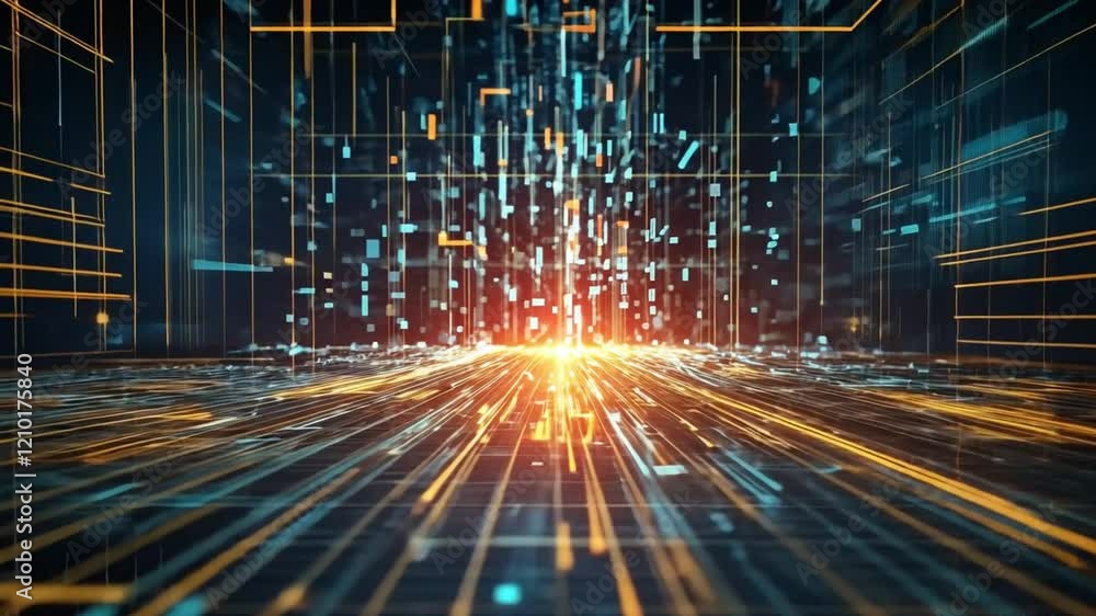 Digital data stream, futuristic city, glowing lines, abstract background, tech concept (1)