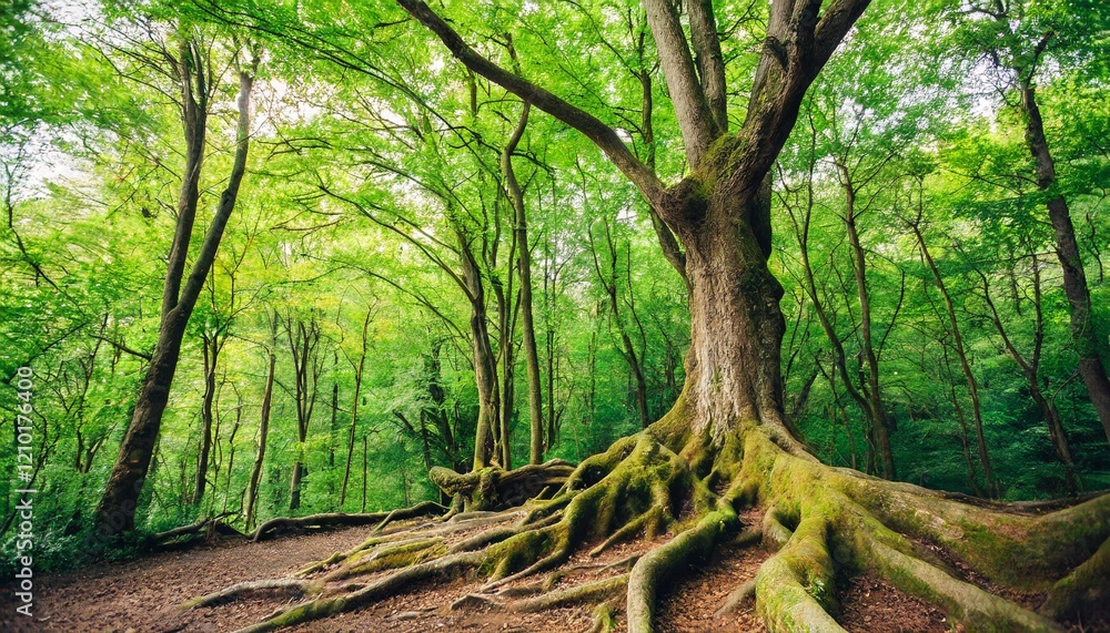 Fototapeta premium Magical Old Tree with Twisted Roots and Lush Green Foliage in Enchanted Forest