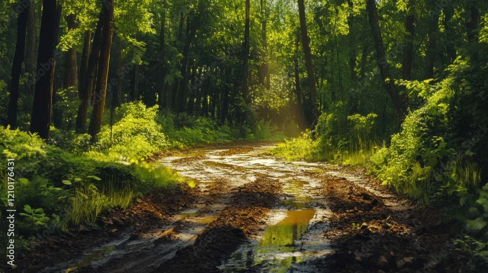 Obraz premium Adventurous SUV trek through muddy forest trails during sunny afternoon