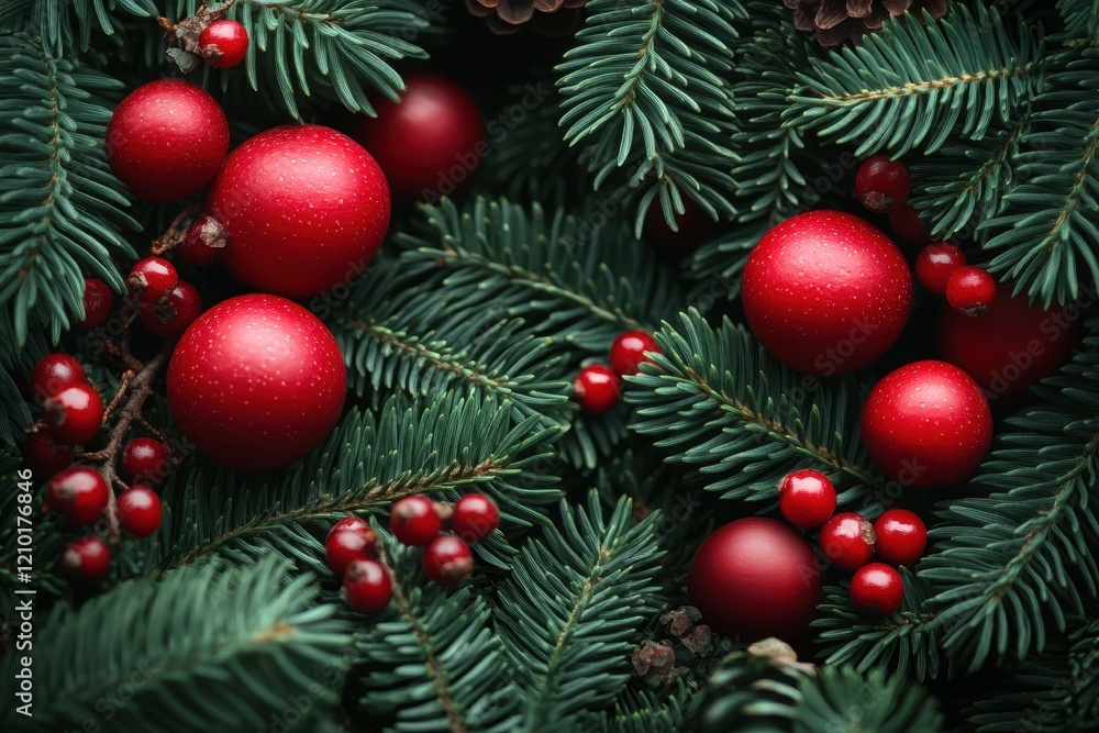 Fototapeta premium A festive arrangement of red ornaments among evergreen branches.