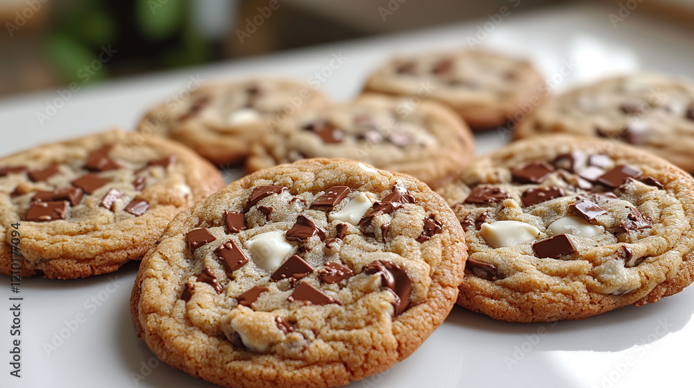 New York-style cookies with melted white and milk chocolate pieces, freshly baked and perfectly golden, arranged on a clean white kitchen counter. New York-style cookies with melted white and milk chocolate pieces, freshly baked and perfectly golden, arranged on a clean white kitchen counter.
