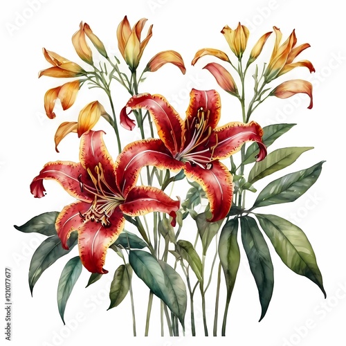 Big set with flowers, twigs and leaves of Gloriosa Lily. Watercolor illustration. This set is well suited for your various projects: creating cards, invitations, wedding design and etc.