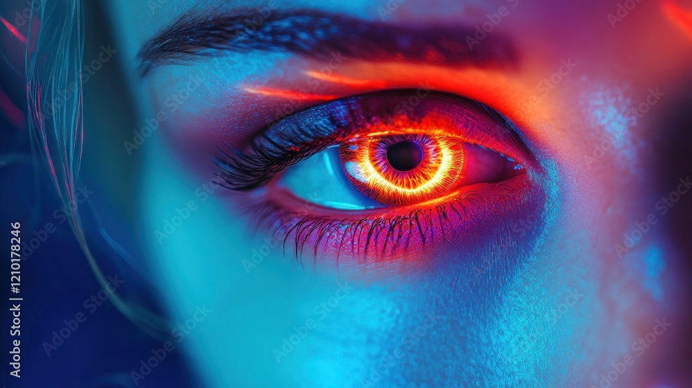 Fototapeta premium Close-up of an Eye Glowing with Fiery Red and Blue Hues