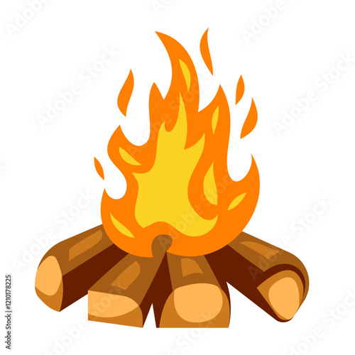 Campfire illustration with burning logs and flames.