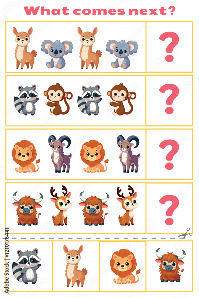 Fototapeta premium Educational game for children. What comes next, logical tasks for kids. Select the right element in the line, cut and glue activity.