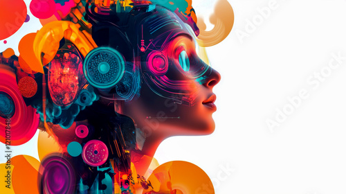 Colorful 3D collage illustration representing a person with a creative mind interfacing with AI machine tools isolated on white background.