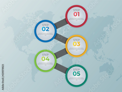 Five colorful circular steps connected by grey lines on a world map background. Each step contains a number and placeholder text. Five Step Process Global Strategy Plan Diagram Presentation