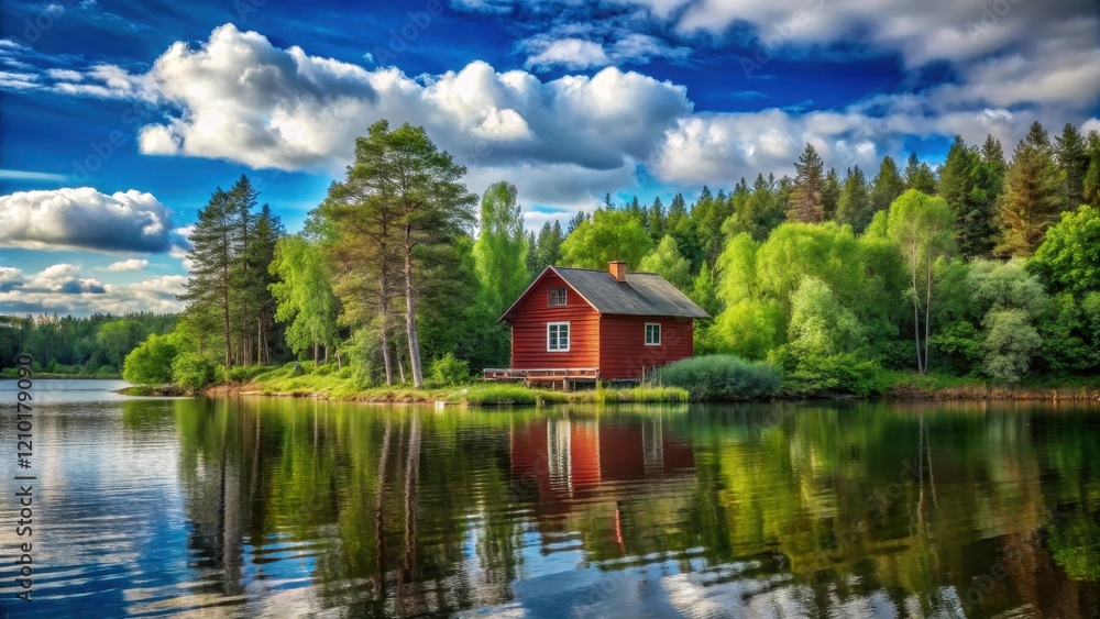 A serene red house standing alone on the lake's edge, surrounded by lush greenery and tall trees, with a few wispy clouds drifting across the sky , rustic charm, wooden structure A serene red house standing alone on the lake's edge, surrounded by lush greenery and tall trees, with a few wispy clouds drifting across the sky , rustic charm, wooden structure