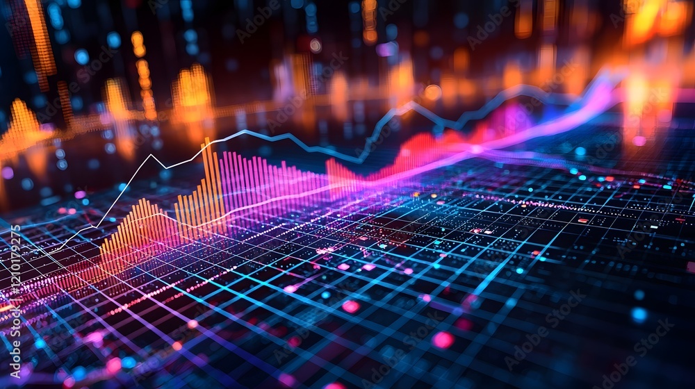 Fototapeta premium Captivating and modern data visualization design featuring vibrant line and bar charts overlaid on a sleek minimalist grid background