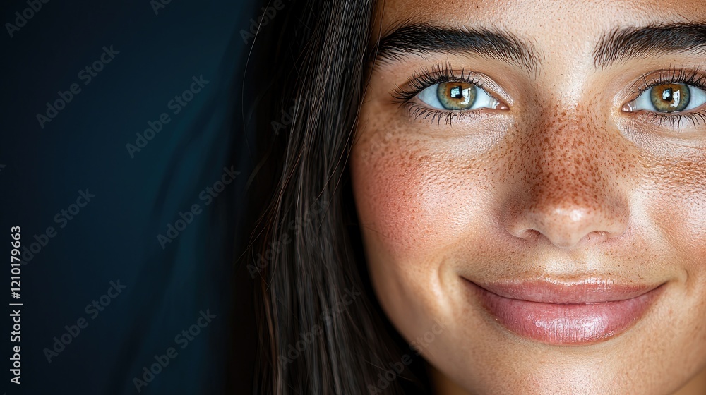 Close-up portrait, woman smiling, dark background, beauty shot, cosmetic advertising Close-up portrait, woman smiling, dark background, beauty shot, cosmetic advertising