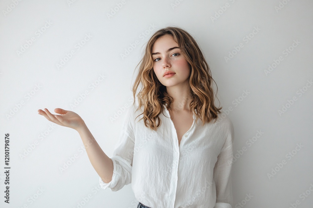 Young Woman with Wavy Hair Gesturing Calmly Against a White Background Young Woman with Wavy Hair Gesturing Calmly Against a White Background