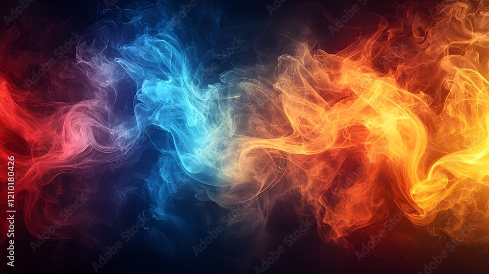 Vivid swirling fog and smoke in red orange yellow and blue hues forming a bold and cinematic abstract background The image exudes an intense fiery and captivating atmosphere Vivid swirling fog and smoke in red orange yellow and blue hues forming a bold and cinematic abstract background The image exudes an intense fiery and captivating atmosphere