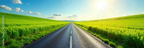 Endless asphalt road cutting through vibrant green summer fields under bright sun , green, agriculture