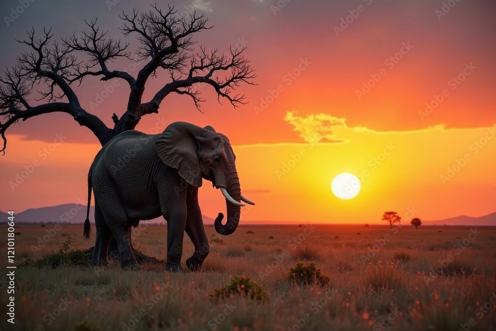 Fototapeta premium Elderly elephant alone in a dead acacia tree, sunset , silhouette, isolated, golden hour