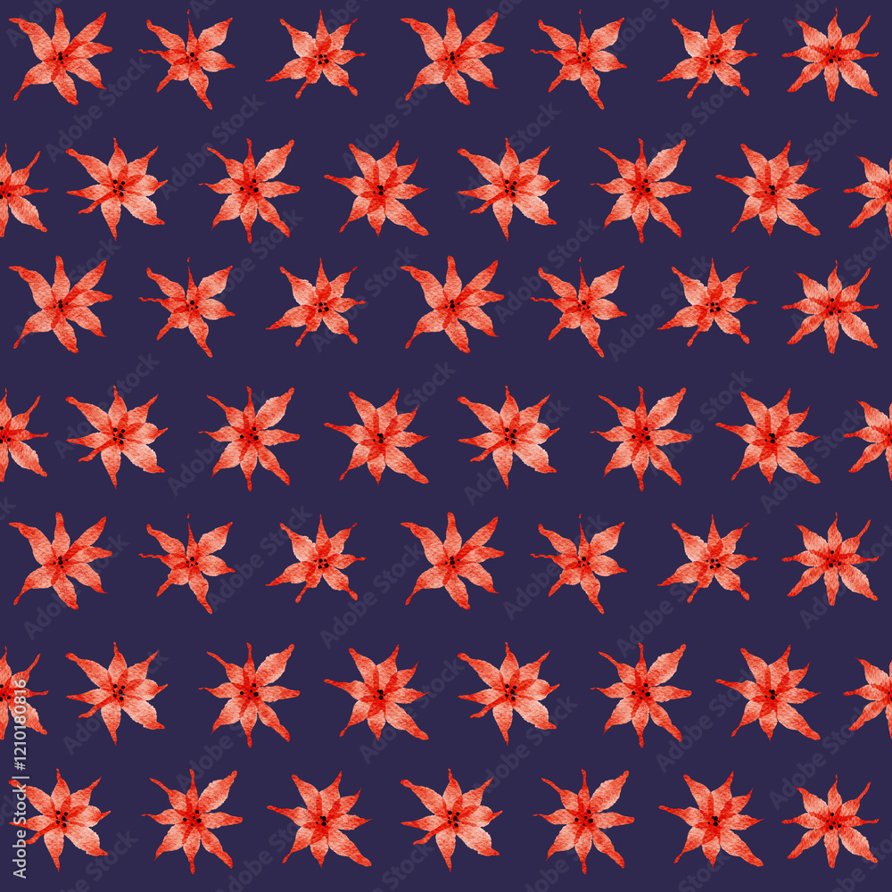 Floral pattern on dark background featuring vibrant red stars in repeating design Floral pattern on dark background featuring vibrant red stars in repeating design