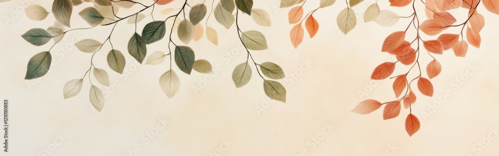 Fototapeta premium Soft harmony of sage green and muted peach leaves enhances serene elegance in natural decor setting