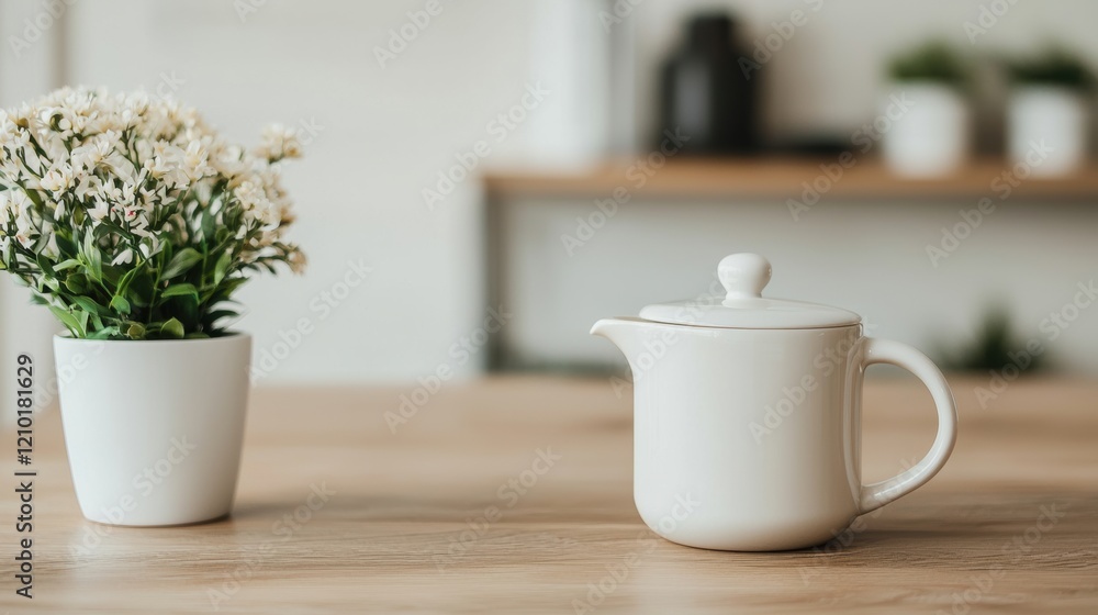 White teapot and decorative plant sitting on a wooden table in a minimalist office White teapot and decorative plant sitting on a wooden table in a minimalist office