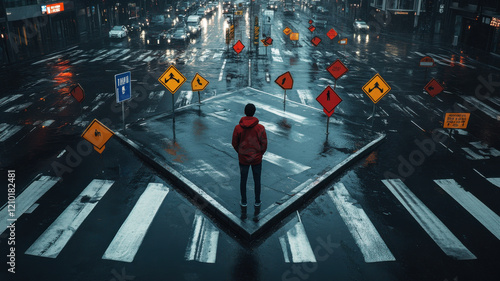Individual at a crossroads, perplexed by conflicting direction signs, embodying deep confusion