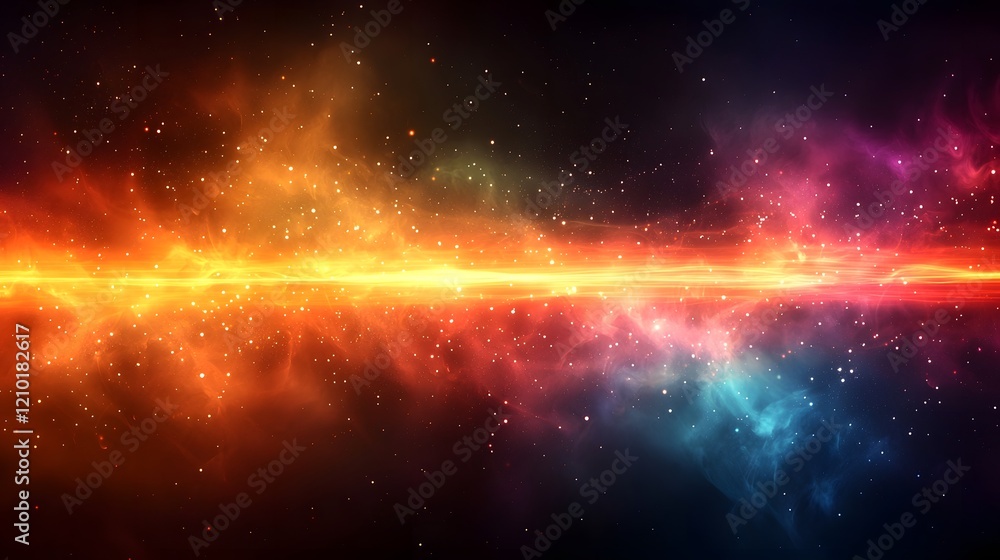 Fototapeta premium Mesmerizing glowing light stripes flowing horizontally across a blurred dark orange and black background with a smooth gradient effect creating a dynamic and captivating cosmic atmosphere