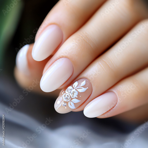 Elegant manicure featuring delicate floral designs on a natural nail base, perfect for beauty and fashion themes. photo