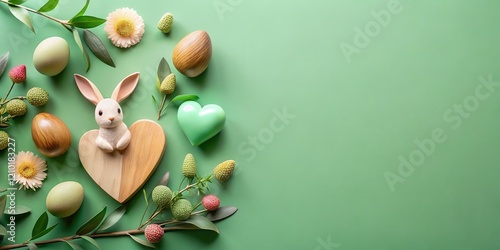 Fototapeta Naklejka Na Ścianę i Meble -  Pastel Easter bunny nestled in wooden heart, surrounded by eggs and flowers on green background