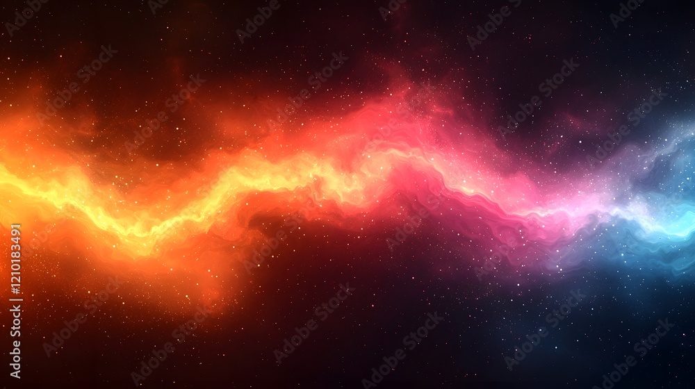 Fototapeta premium Glowing abstract horizontal light stripes in bright vibrant colors against a blurred dark orange and black gradient background creating a dynamic cosmic and energetic visual effect