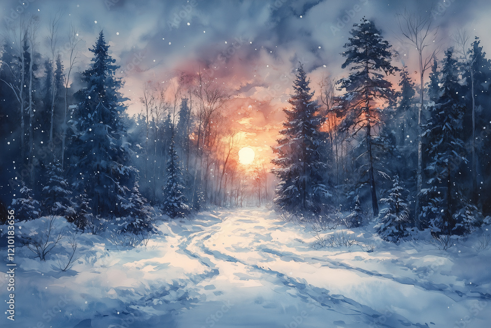 Hand drawn watercolor painting of snow-covered trees in a winter forest Hand drawn watercolor painting of snow-covered trees in a winter forest