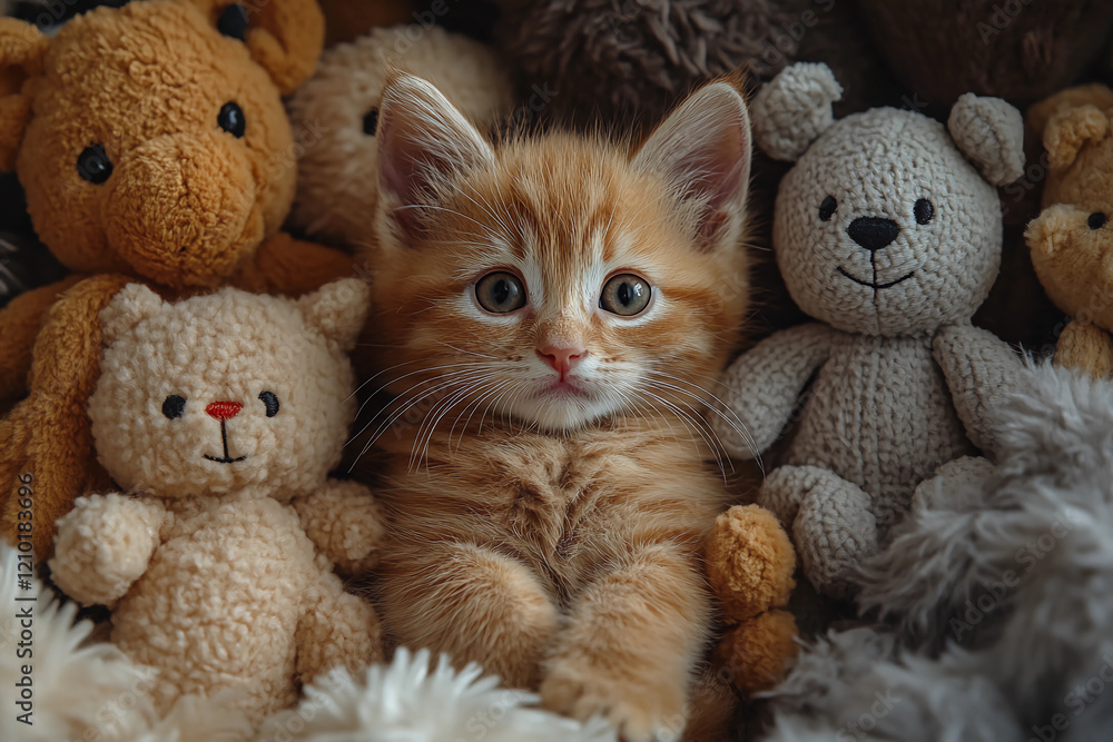Fototapeta premium Playful Kitten Hiding Among Colorful Stuffed Animals, Adorable Baby Cat Curiosity, Soft Toy Adventure