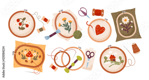 Embroidery set for creative hobby. Embroidery tools, hoops, needles, and yarns. Flat vector illustration.